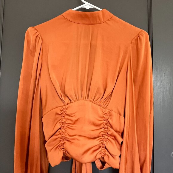 Free People Rust Orange Open Back Satin Top Blouse Tie High Neck XS Extra Small - Picture 5 of 14